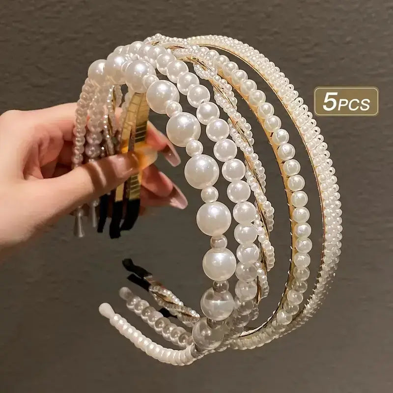 5 Pcs White Pearl Hairbands