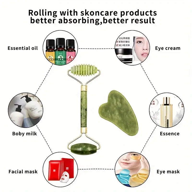 3-in-1 Jade Roller And Gua Sha Set