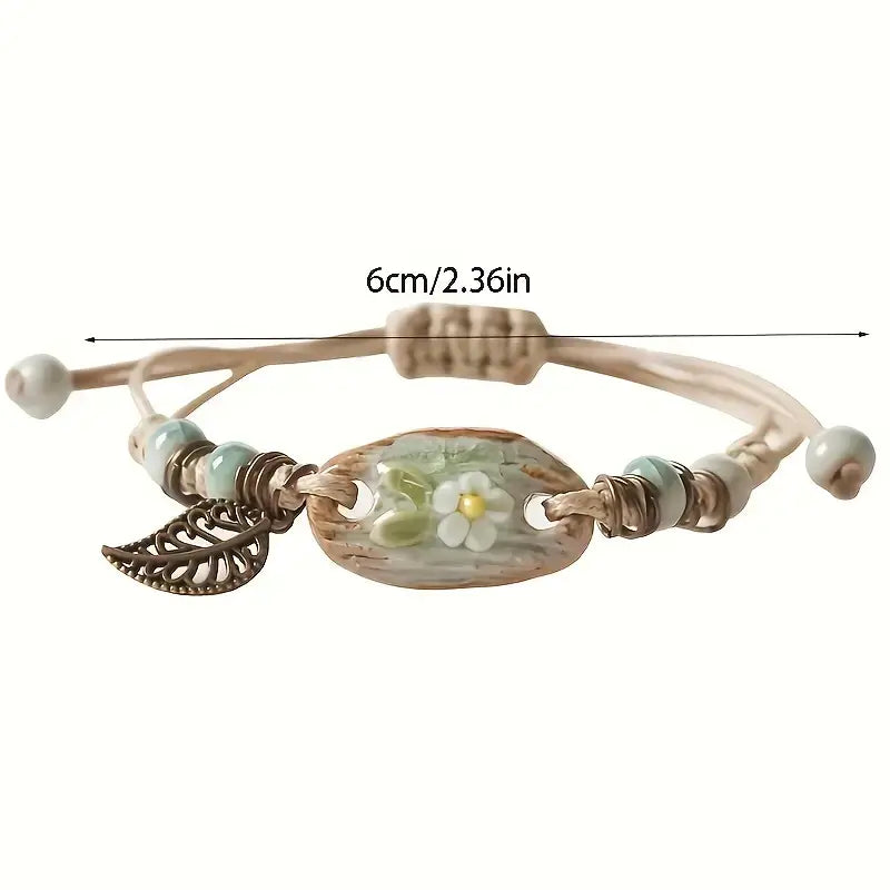 Vintage Style Leaf Pendant Braided Bracelet Elegant Handmade