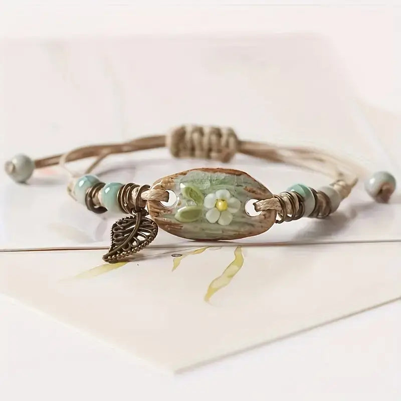 Vintage Style Leaf Pendant Braided Bracelet Elegant Handmade