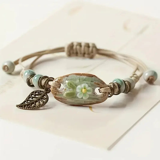 Vintage Style Leaf Pendant Braided Bracelet Elegant Handmade
